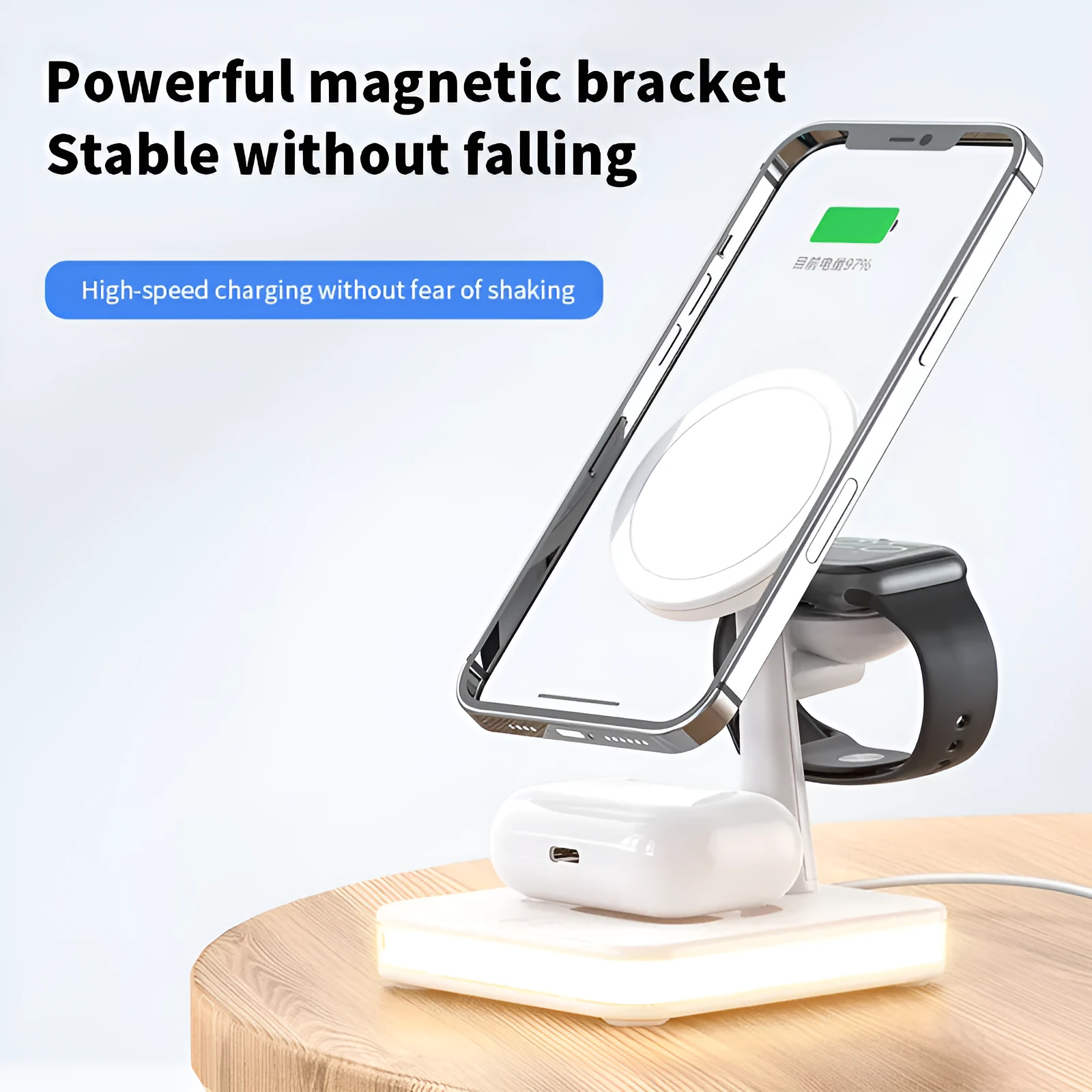 3-in-1 wireless charger magnetic bracket charging smartphone, watch, and earbuds on a desk