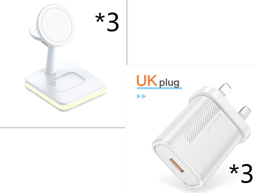 3-in-1 wireless charger magnetic bracket charging smartphone, watch, and earbuds on a desk