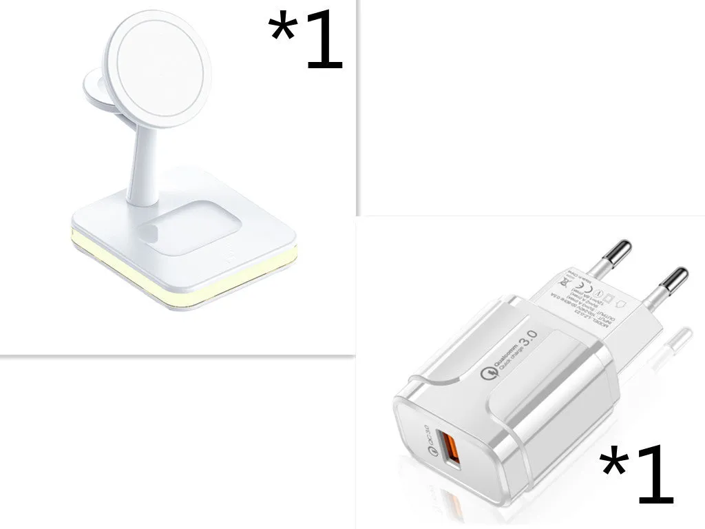 3-in-1 wireless charger magnetic bracket charging smartphone, watch, and earbuds on a desk