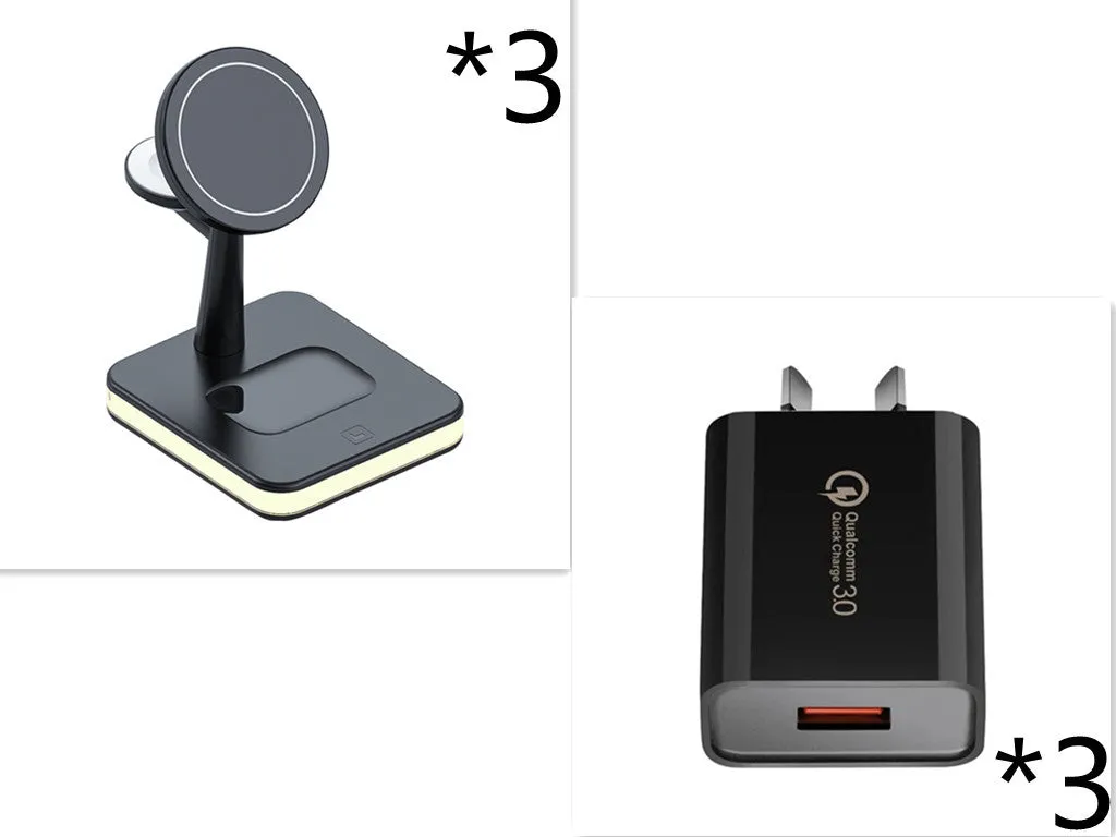 3-in-1 wireless charger magnetic bracket charging smartphone, watch, and earbuds on a desk