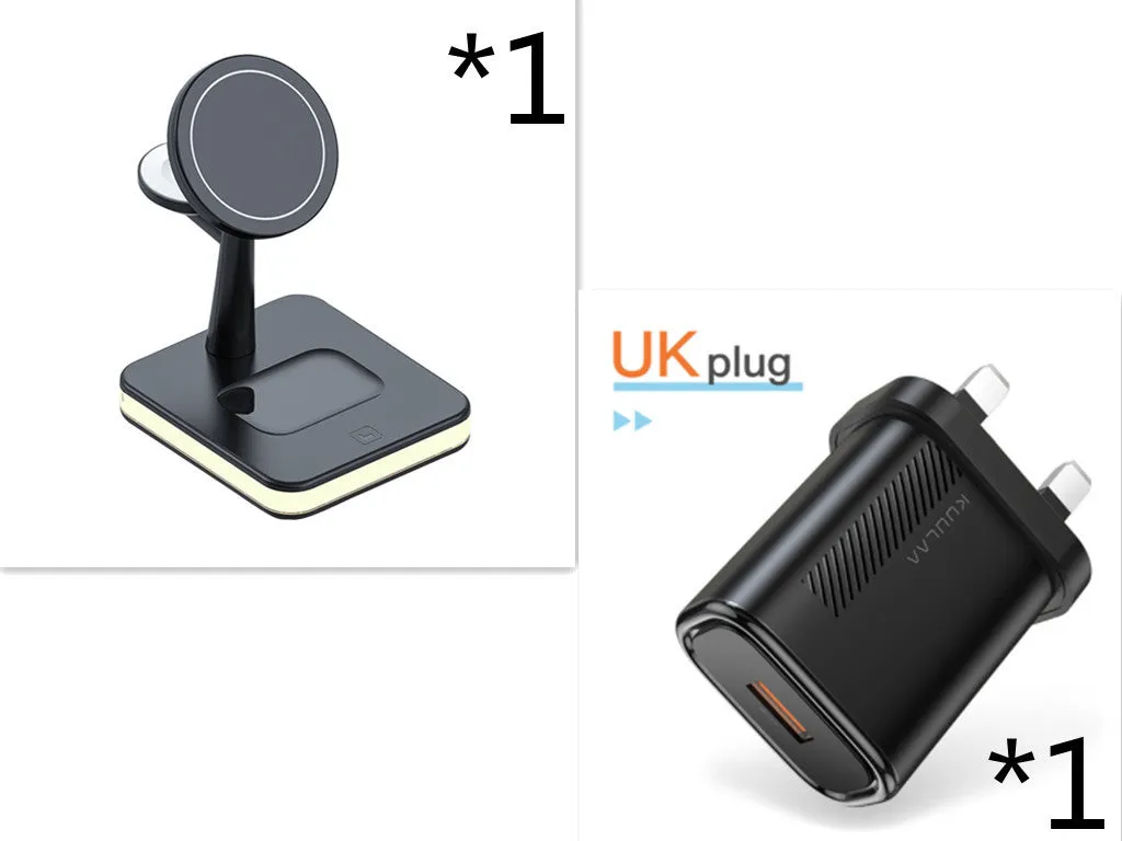 3-in-1 wireless charger magnetic bracket charging smartphone, watch, and earbuds on a desk