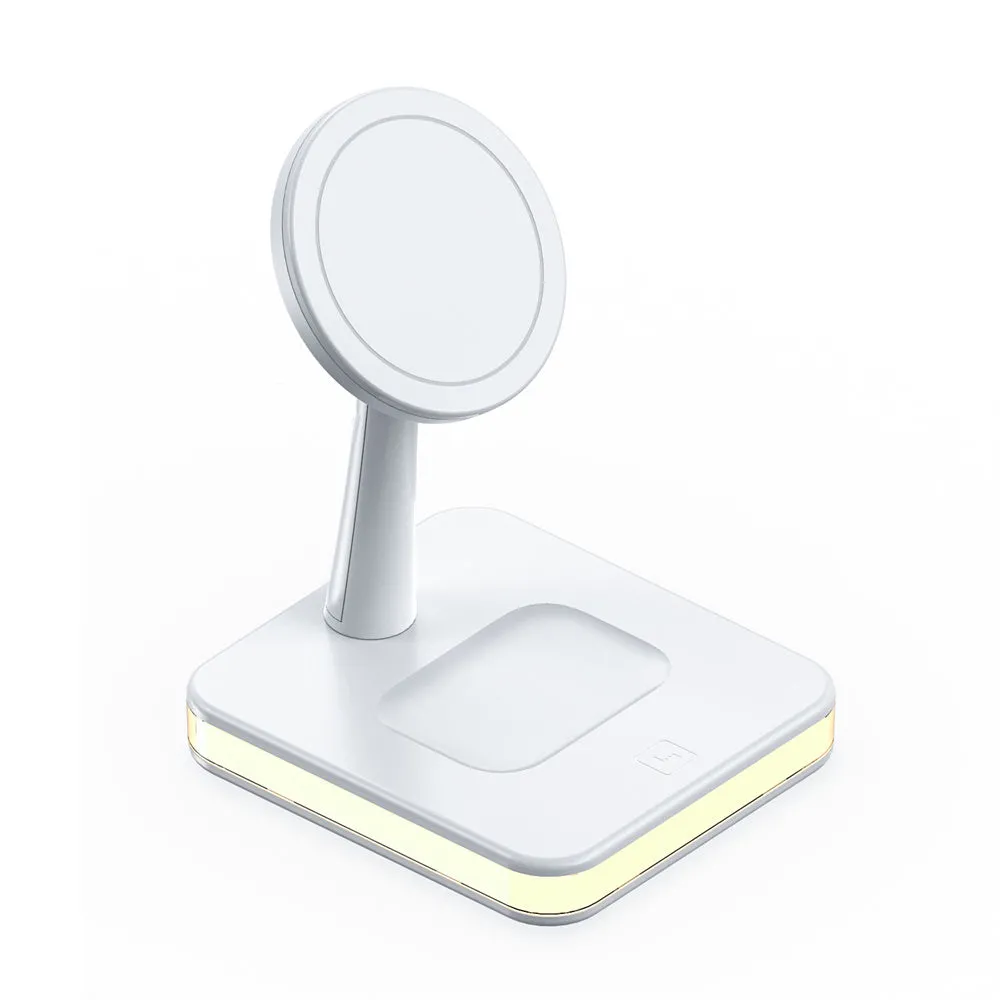 3-in-1 wireless charger magnetic bracket charging smartphone, watch, and earbuds on a desk