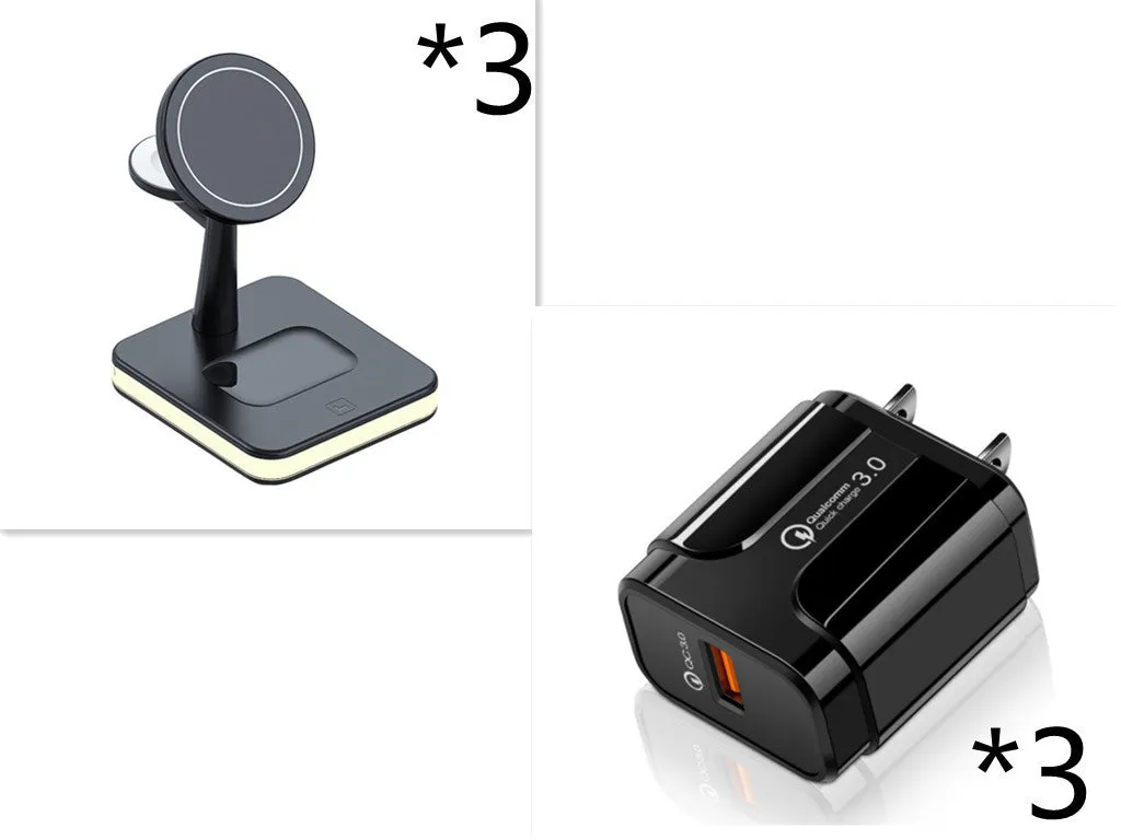 3-in-1 wireless charger magnetic bracket charging smartphone, watch, and earbuds on a desk