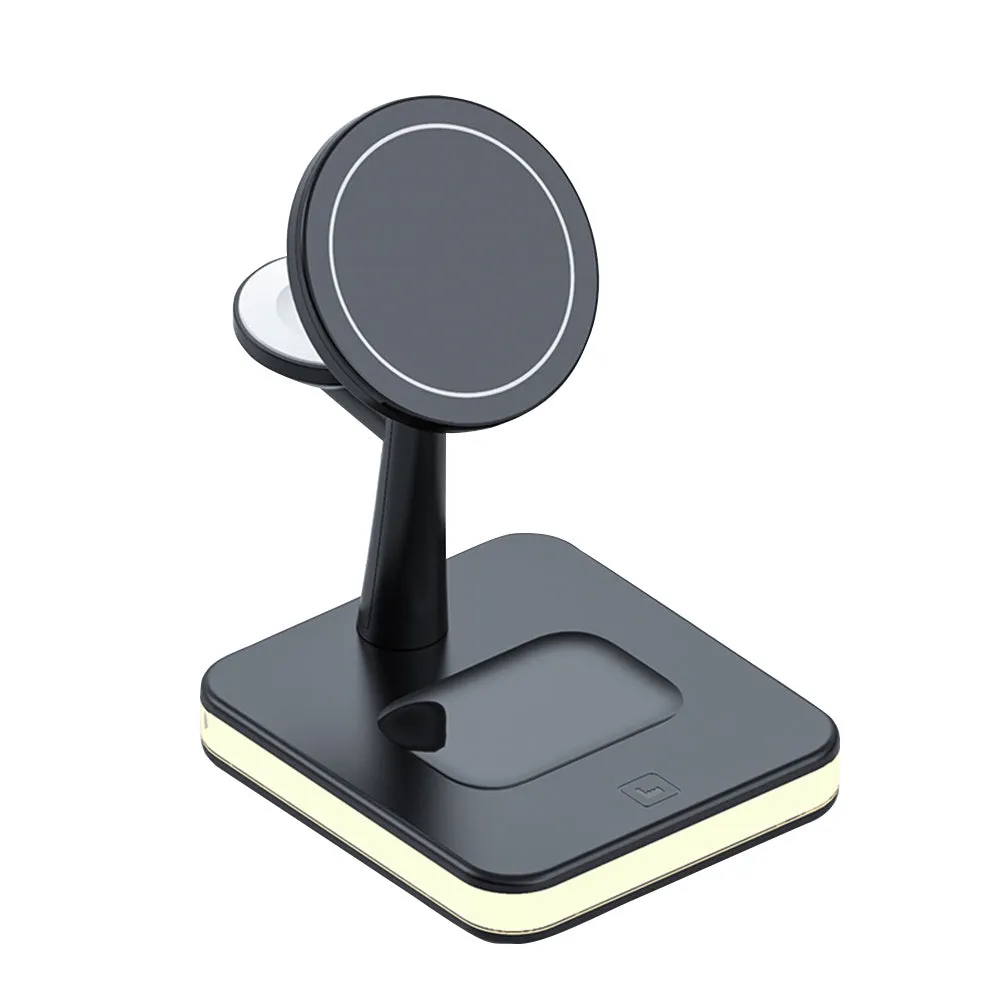 3-in-1 wireless charger magnetic bracket charging smartphone, watch, and earbuds on a desk