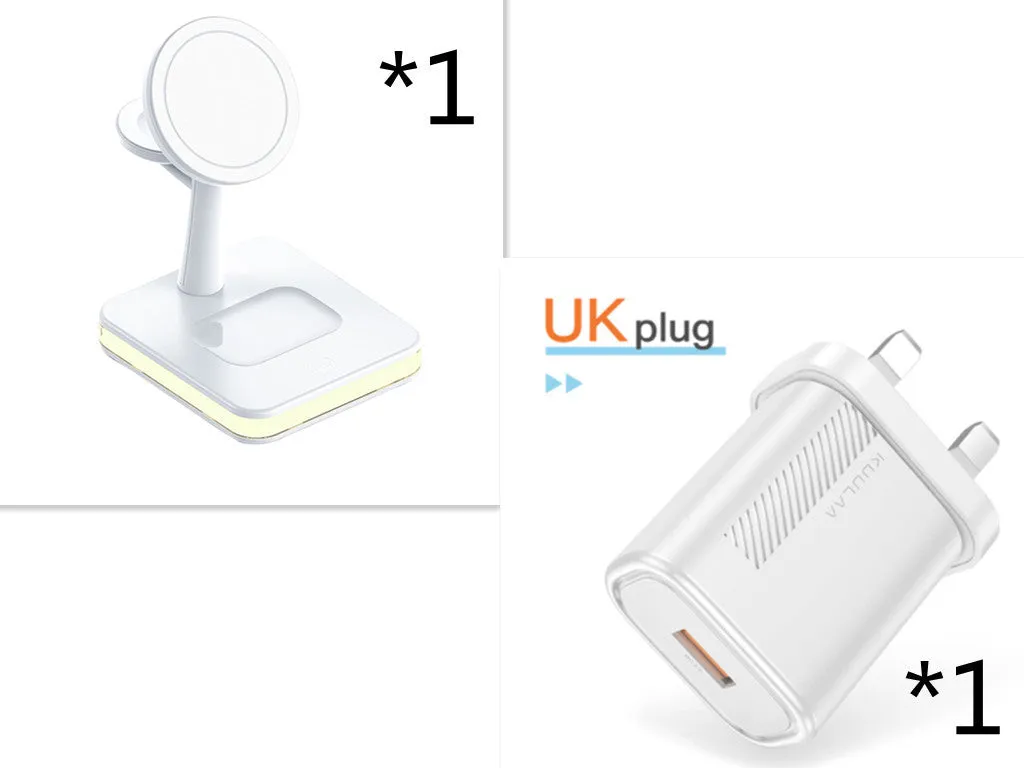 3-in-1 wireless charger magnetic bracket charging smartphone, watch, and earbuds on a desk