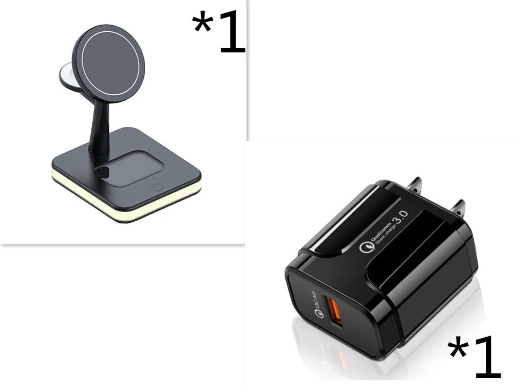 3-in-1 wireless charger magnetic bracket charging smartphone, watch, and earbuds on a desk