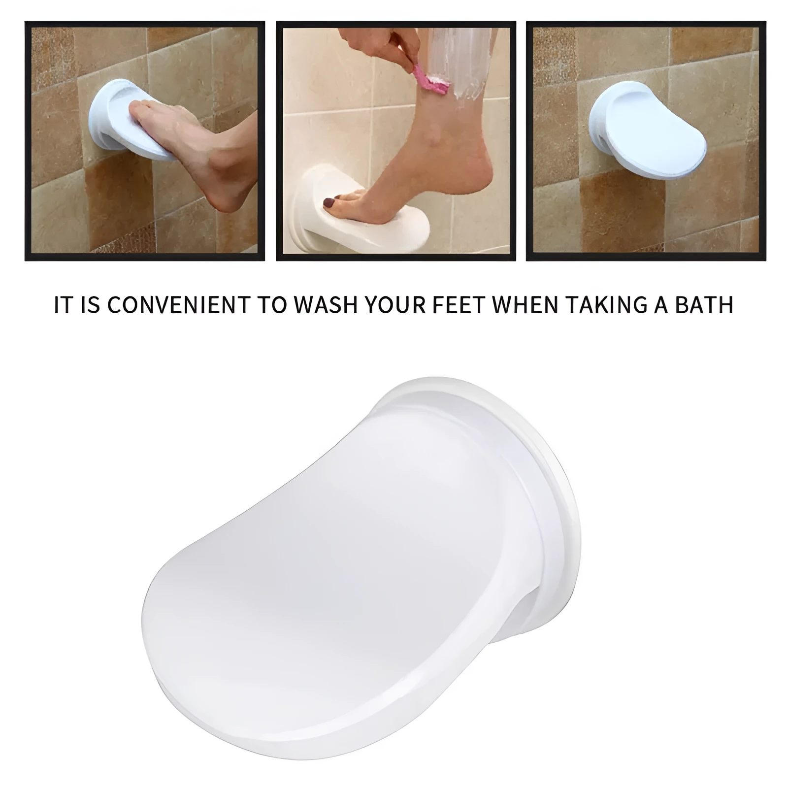 White plastic bathroom shower foot rest with suction cups on smooth tile