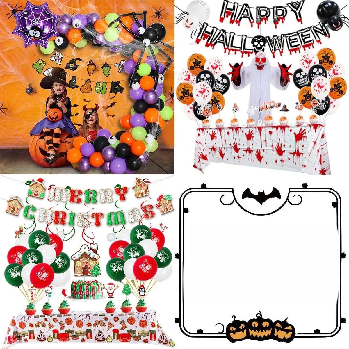 Halloween latex balloon set with black and white skull and pumpkin designs including spider balloon arch element