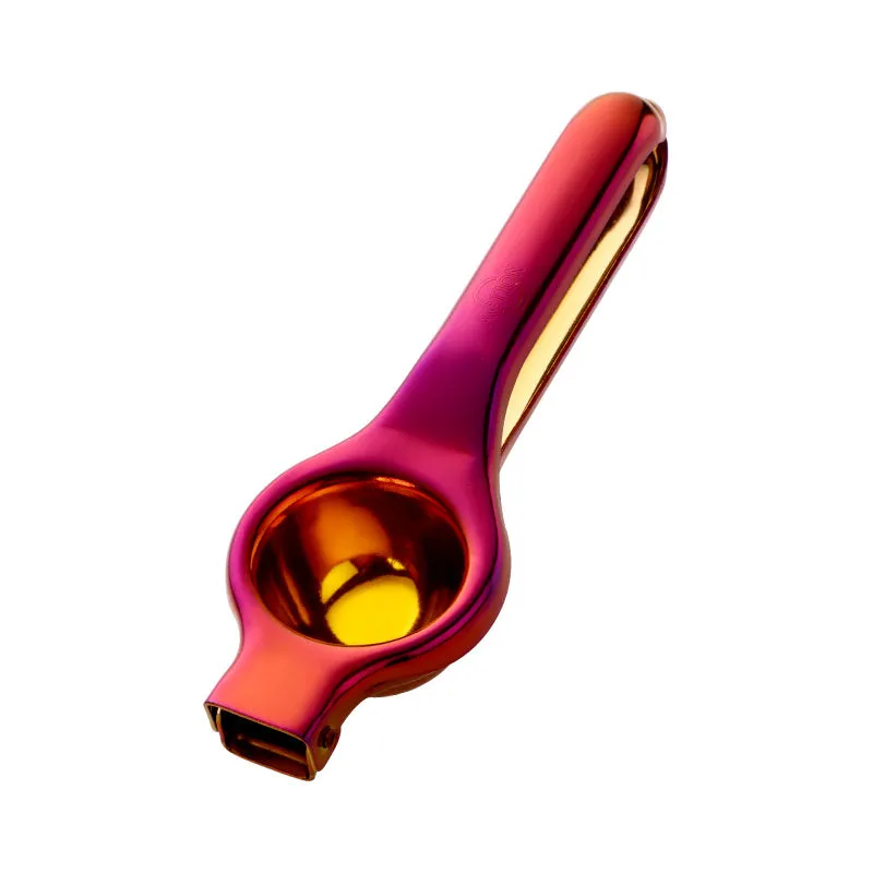 Manual stainless steel citrus juicer with hand press and round feed opening available in multiple colours