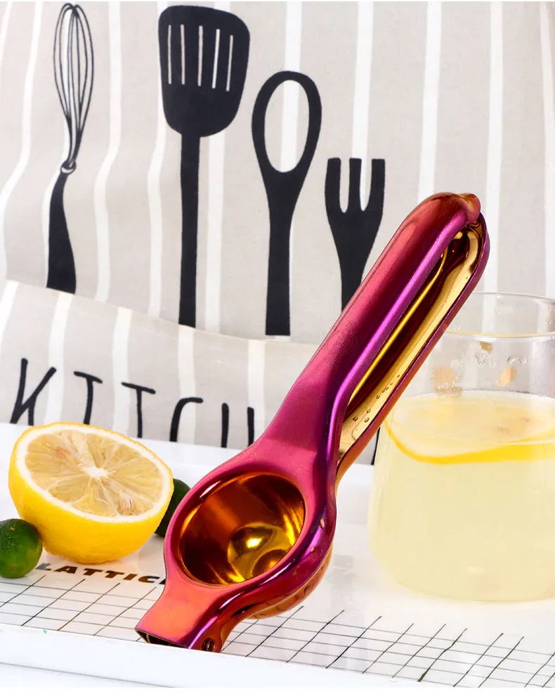 Manual stainless steel citrus juicer with hand press and round feed opening available in multiple colours