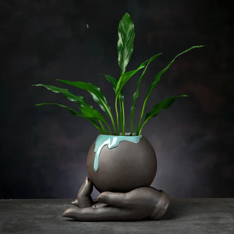 Ceramic desktop flowerpot with semi-manual grouting texture, stone revolve style