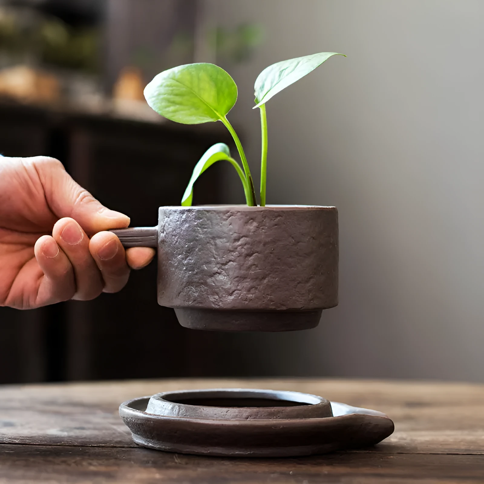Ceramic desktop flowerpot with semi-manual grouting texture, stone revolve style