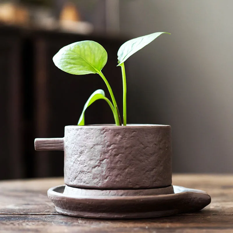 Ceramic desktop flowerpot with semi-manual grouting texture, stone revolve style