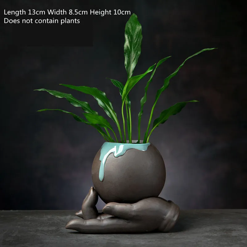 Ceramic desktop flowerpot with semi-manual grouting texture, stone revolve style