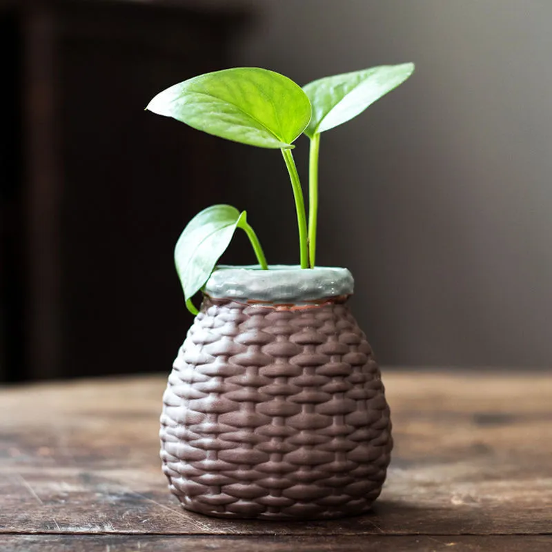 Ceramic desktop flowerpot with semi-manual grouting texture, stone revolve style