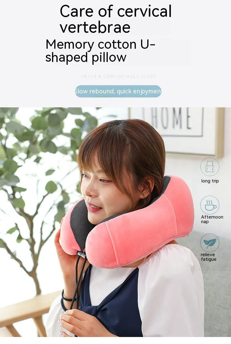 Memory foam U-shape travel neck pillow in light gray with magnetic closure, 30x25x15cm