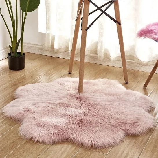 Artificial woolen floral sheepskin hairy plush carpet rug in beige colour, 60x60 cm size, on a tiled floor