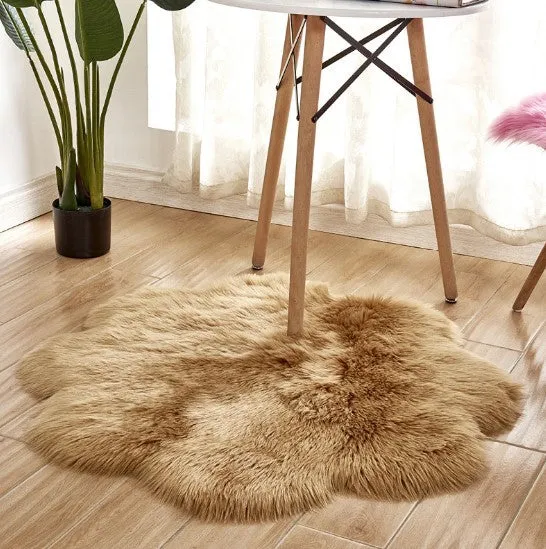 Artificial woolen floral sheepskin hairy plush carpet rug in beige colour, 60x60 cm size, on a tiled floor
