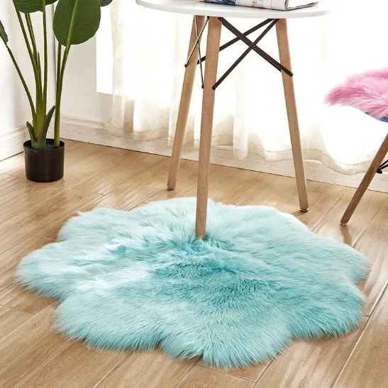 Artificial woolen floral sheepskin hairy plush carpet rug in beige colour, 60x60 cm size, on a tiled floor