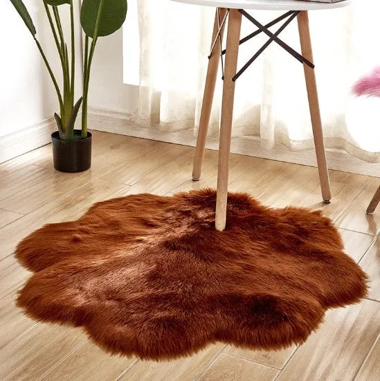 Artificial woolen floral sheepskin hairy plush carpet rug in beige colour, 60x60 cm size, on a tiled floor