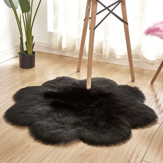Artificial woolen floral sheepskin hairy plush carpet rug in beige colour, 60x60 cm size, on a tiled floor