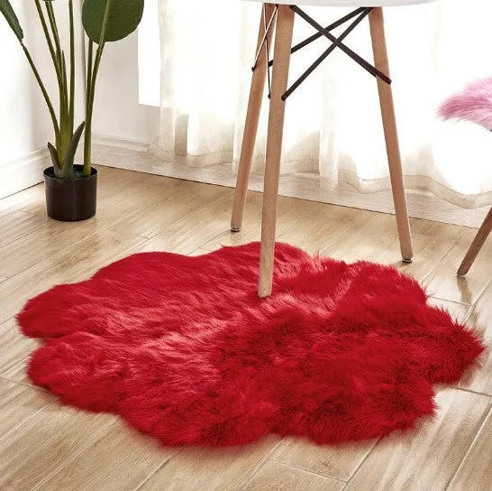 Artificial woolen floral sheepskin hairy plush carpet rug in beige colour, 60x60 cm size, on a tiled floor