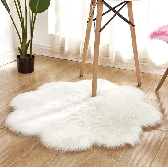 Artificial woolen floral sheepskin hairy plush carpet rug in beige colour, 60x60 cm size, on a tiled floor