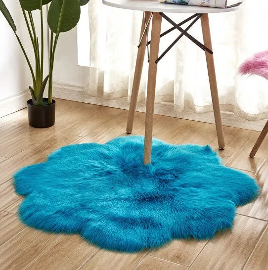 Artificial woolen floral sheepskin hairy plush carpet rug in beige colour, 60x60 cm size, on a tiled floor