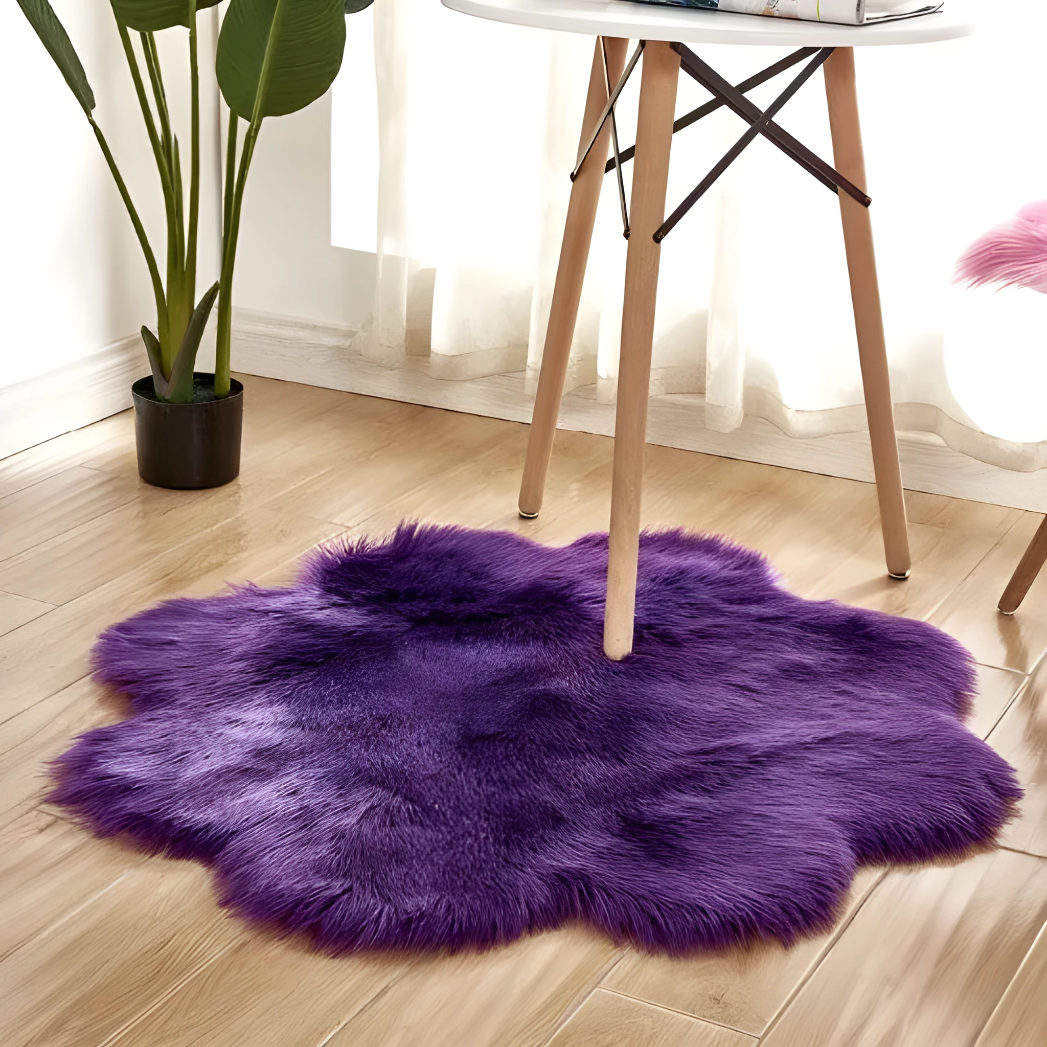 Artificial woolen floral sheepskin hairy plush carpet rug in beige colour, 60x60 cm size, on a tiled floor
