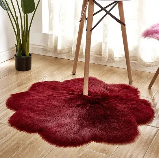 Artificial woolen floral sheepskin hairy plush carpet rug in beige colour, 60x60 cm size, on a tiled floor