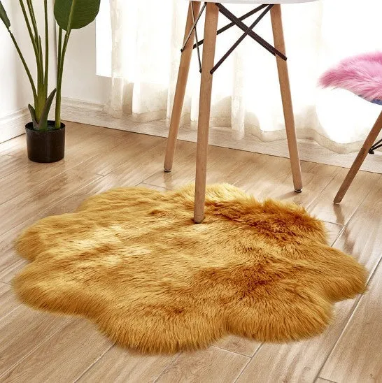 Artificial woolen floral sheepskin hairy plush carpet rug in beige colour, 60x60 cm size, on a tiled floor