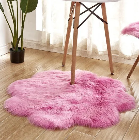 Artificial woolen floral sheepskin hairy plush carpet rug in beige colour, 60x60 cm size, on a tiled floor