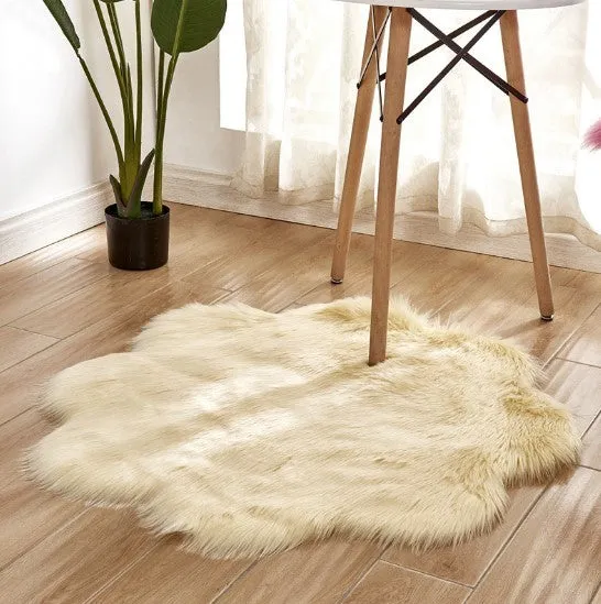Artificial woolen floral sheepskin hairy plush carpet rug in beige colour, 60x60 cm size, on a tiled floor