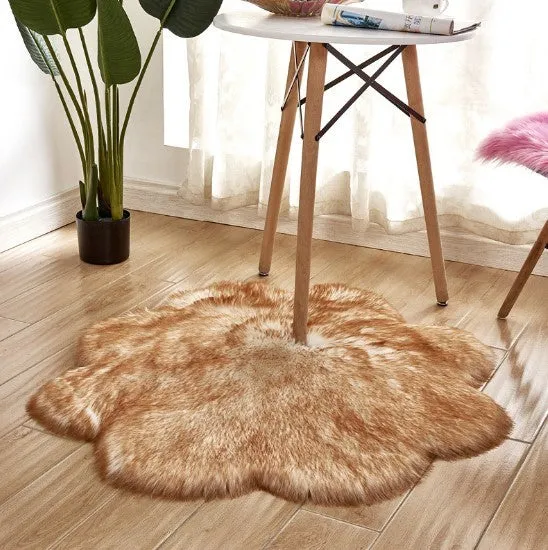 Artificial woolen floral sheepskin hairy plush carpet rug in beige colour, 60x60 cm size, on a tiled floor