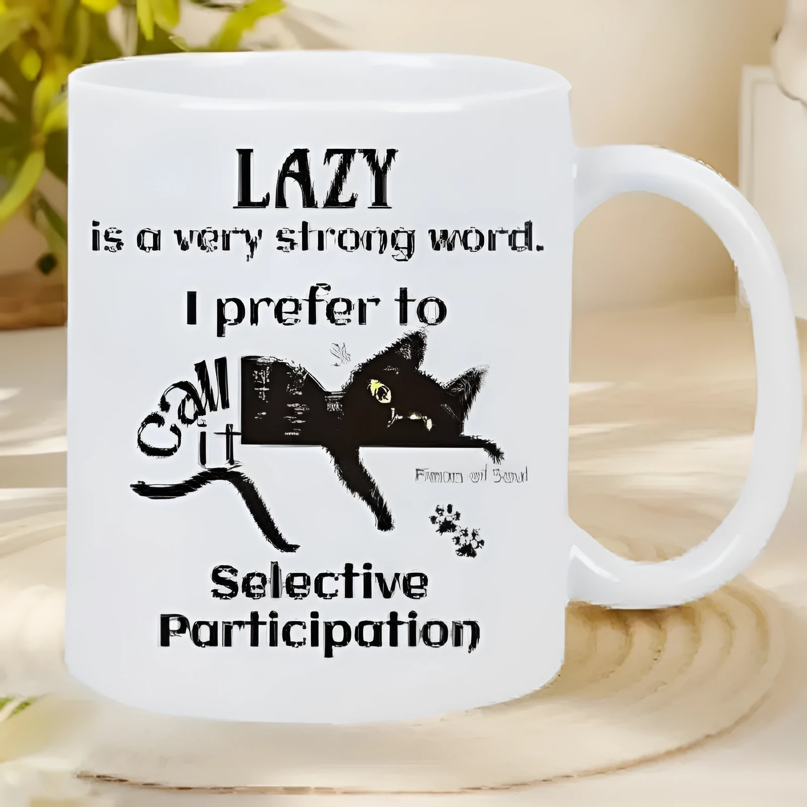 Ceramic thermal transfer mug with creative picture style design showing 11oz capacity markings