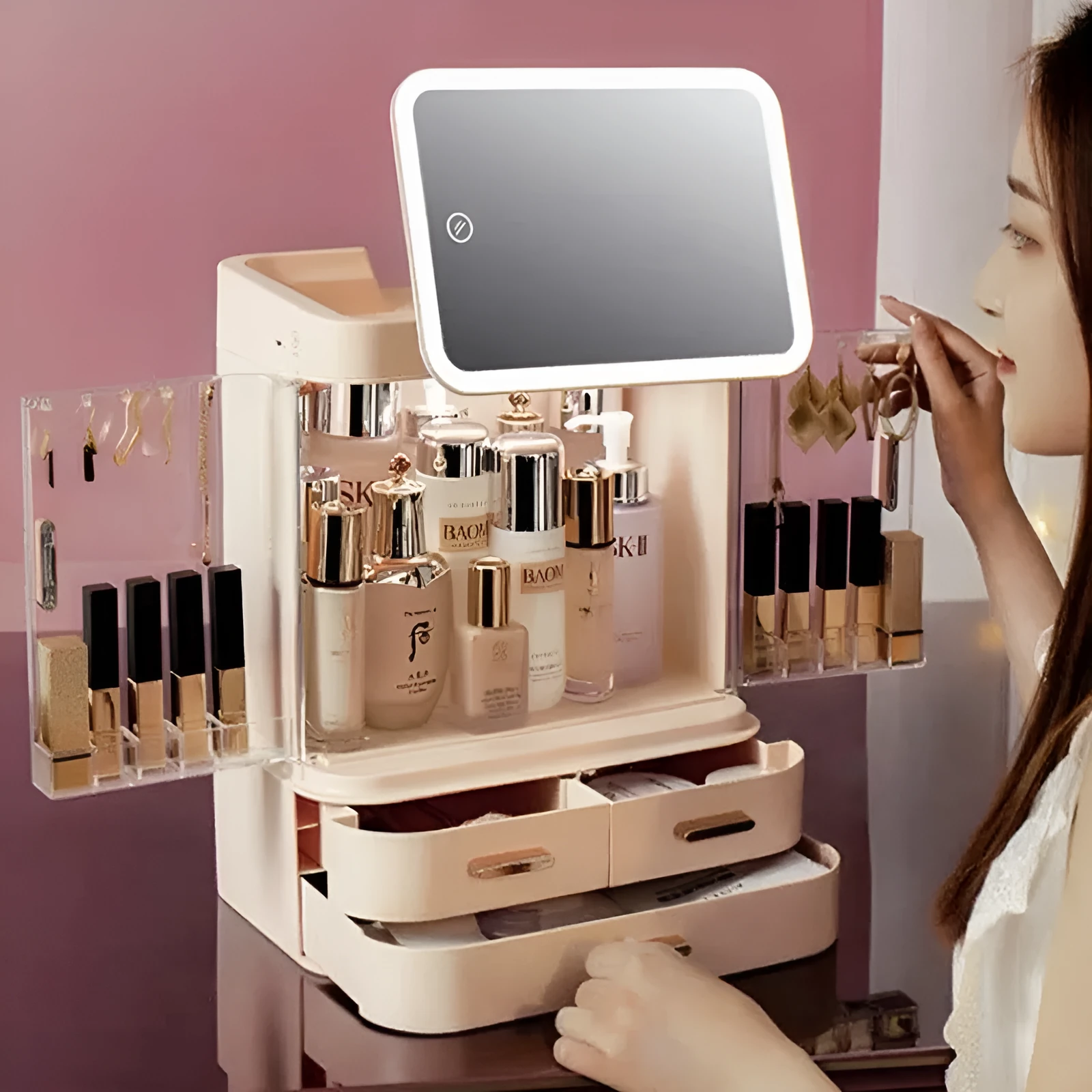 Mirror integrated light desktop large capacity cosmetics storage box in ivory white with lipsticks and skincare products inside
