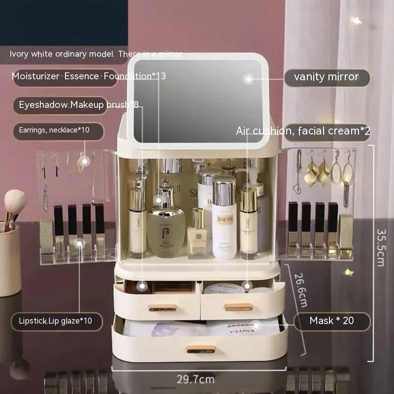 Mirror integrated light desktop large capacity cosmetics storage box in ivory white with lipsticks and skincare products inside