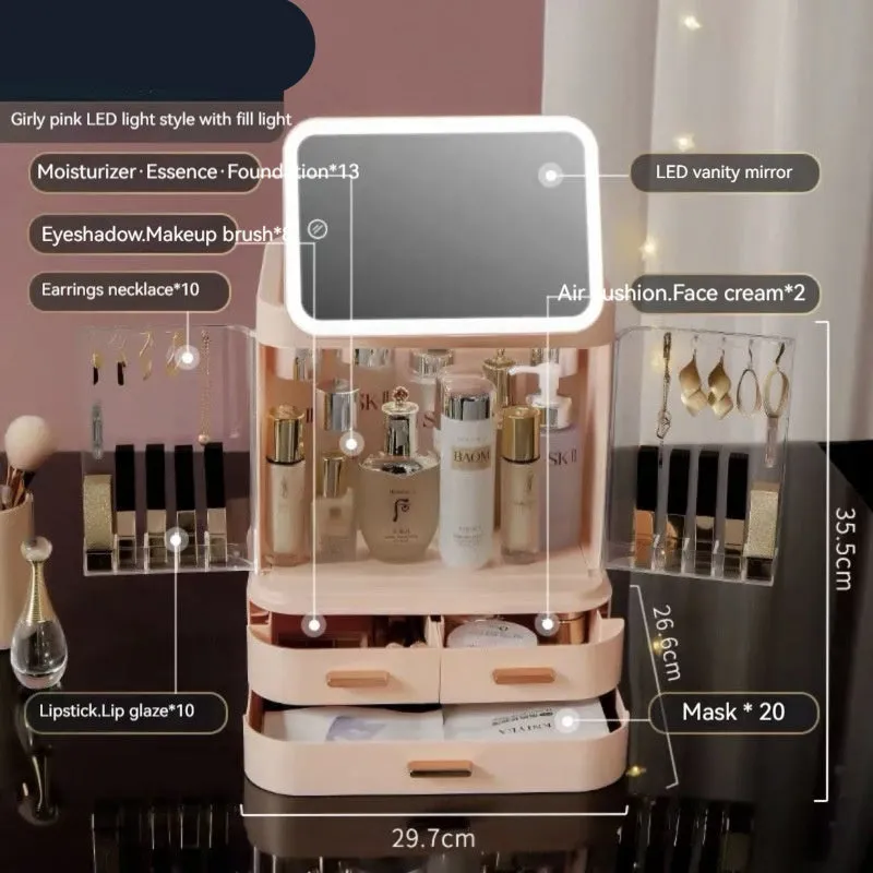 Mirror integrated light desktop large capacity cosmetics storage box in ivory white with lipsticks and skincare products inside