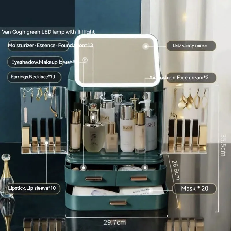 Mirror integrated light desktop large capacity cosmetics storage box in ivory white with lipsticks and skincare products inside