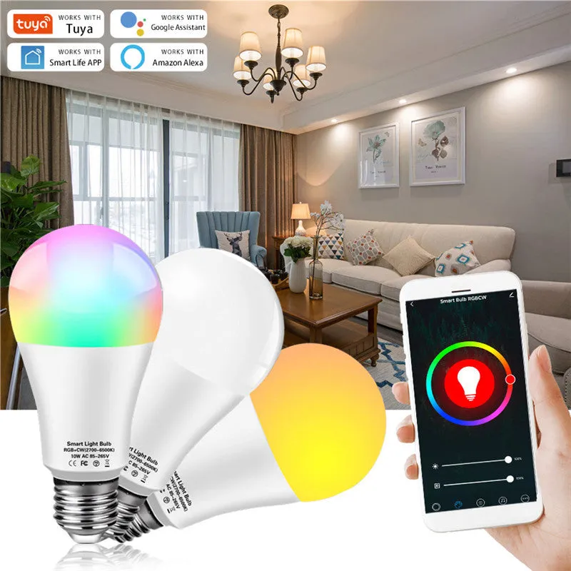 Tuya WiFi RGB smart bulb with E27 screw base, 10W-18W options, works with Alexa and Google Home