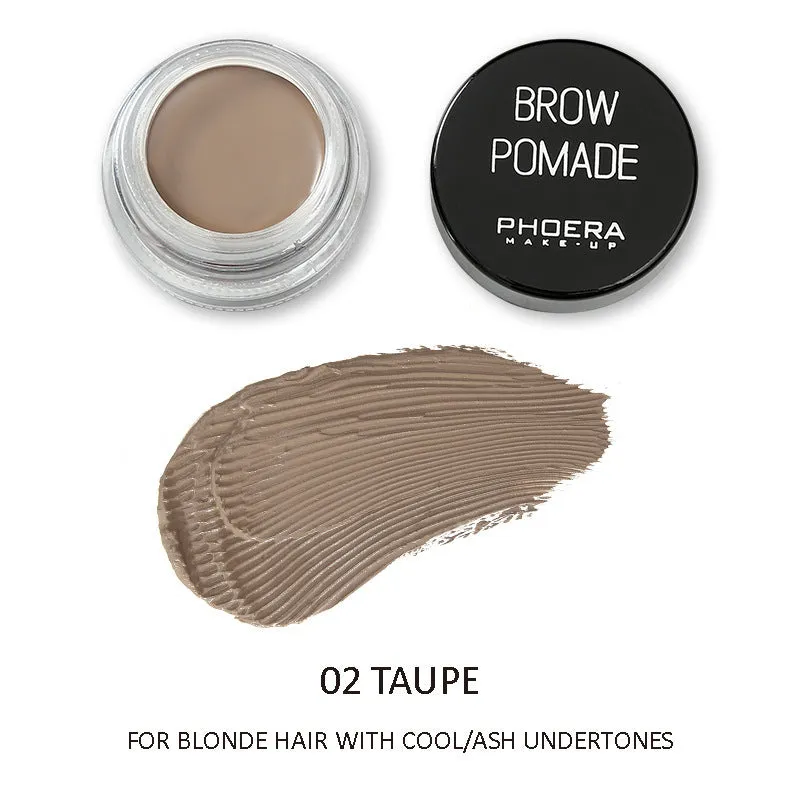 Phoera Eyebrow Cream in six colour shades with double-ended brush, taupe and soft brown pots visible