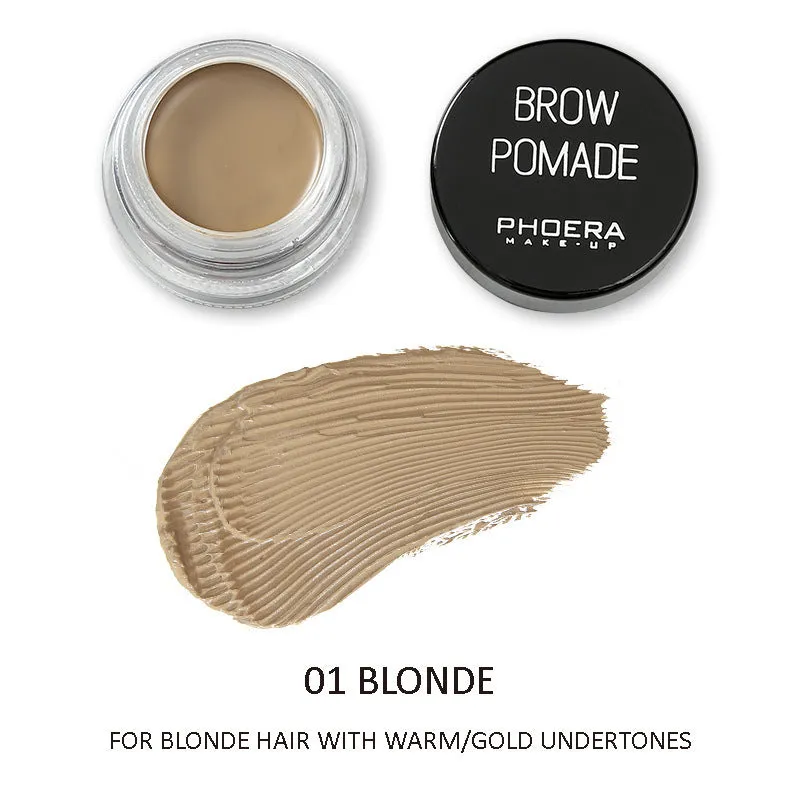 Phoera Eyebrow Cream in six colour shades with double-ended brush, taupe and soft brown pots visible