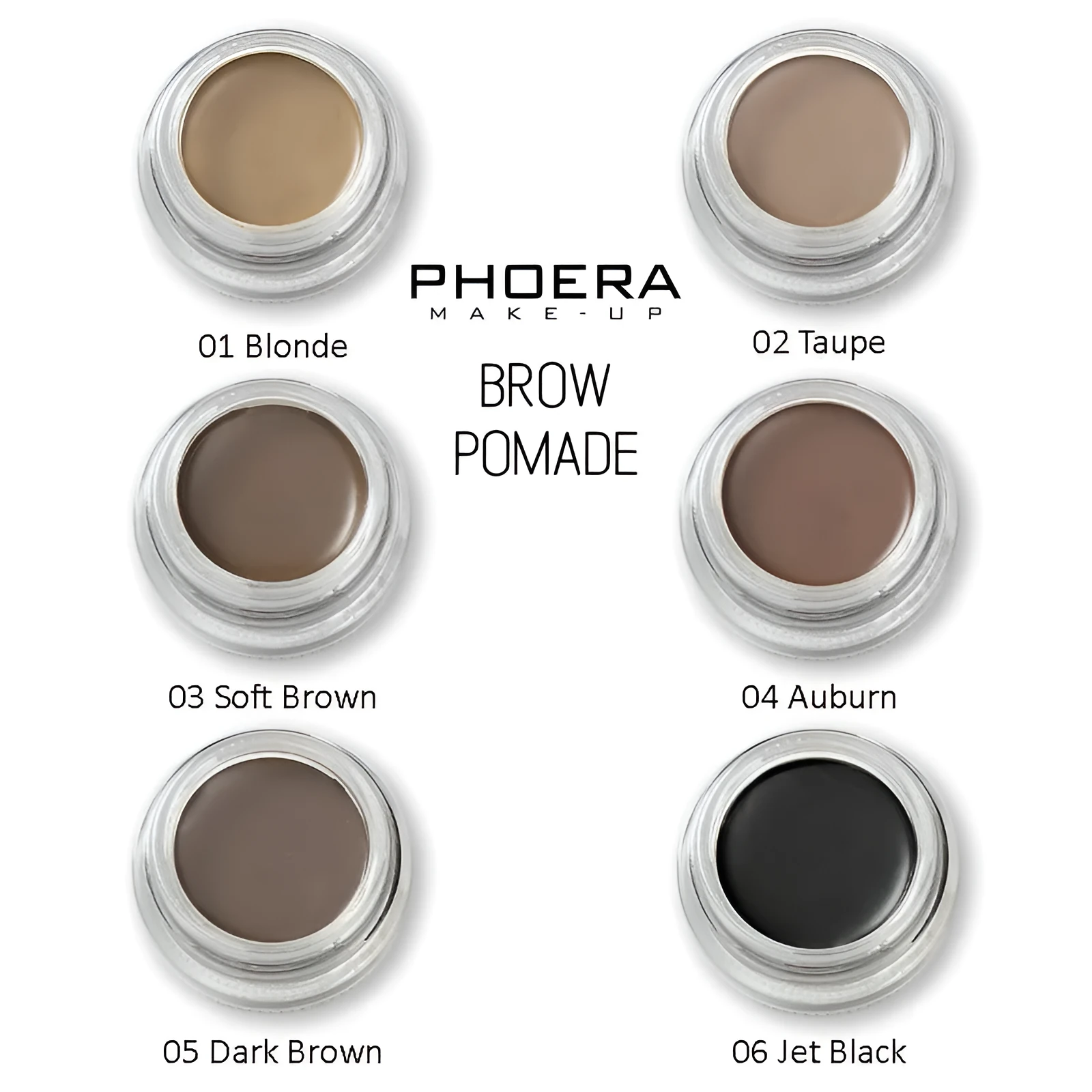 Phoera Eyebrow Cream in six colour shades with double-ended brush, taupe and soft brown pots visible
