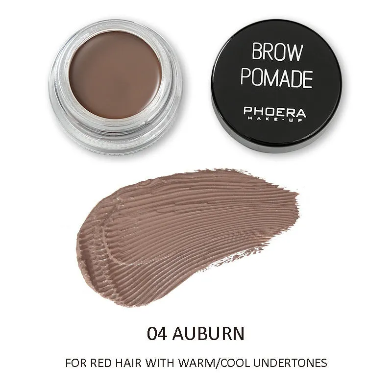 Phoera Eyebrow Cream in six colour shades with double-ended brush, taupe and soft brown pots visible