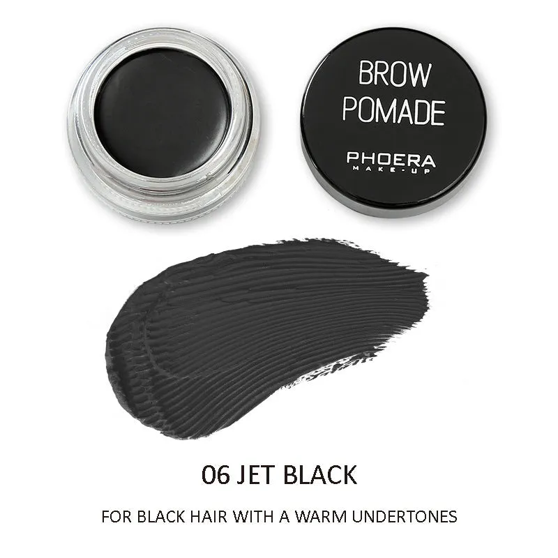 Phoera Eyebrow Cream in six colour shades with double-ended brush, taupe and soft brown pots visible