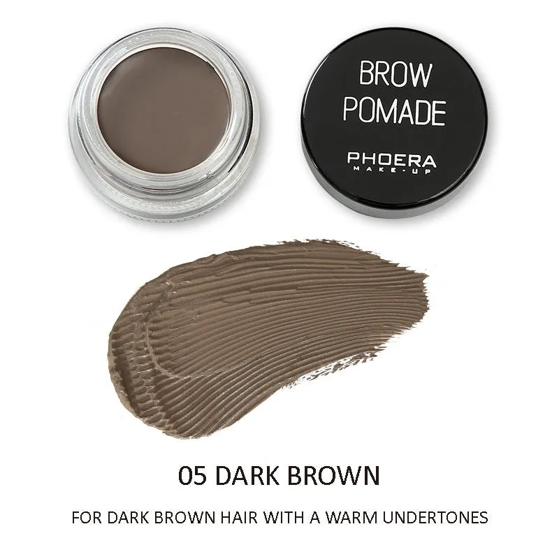Phoera Eyebrow Cream in six colour shades with double-ended brush, taupe and soft brown pots visible