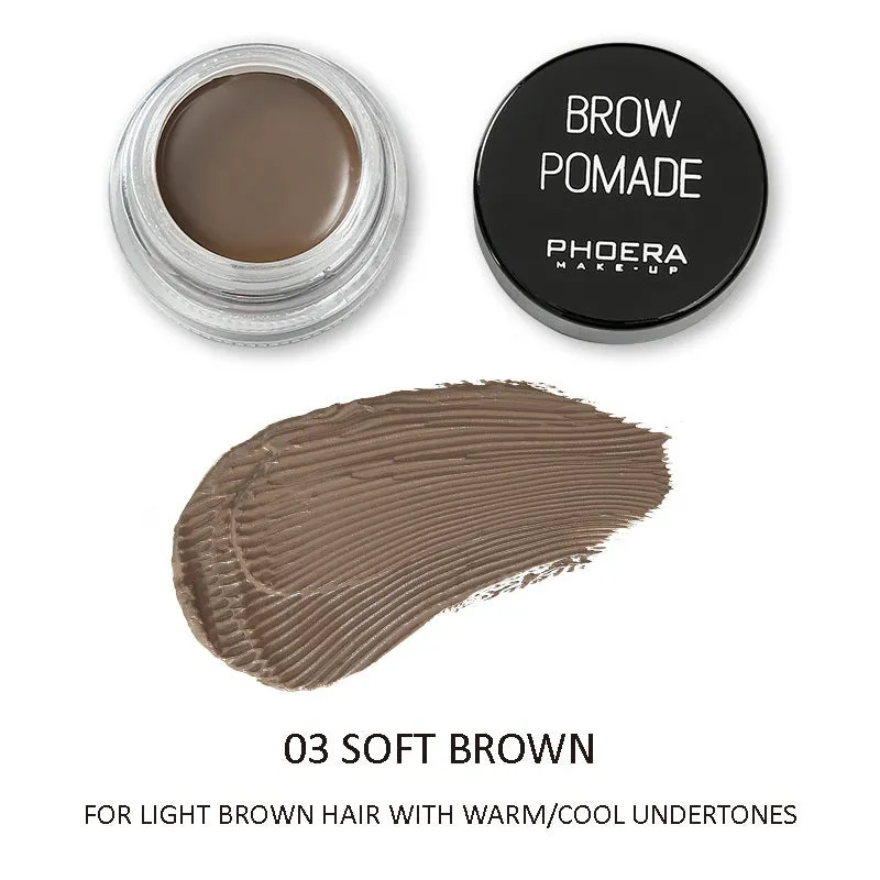 Phoera Eyebrow Cream in six colour shades with double-ended brush, taupe and soft brown pots visible