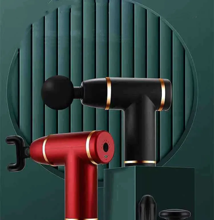 Compact mini massage gun in red, with USB port and control button, on white background