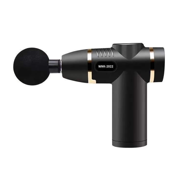 Compact mini massage gun in red, with USB port and control button, on white background