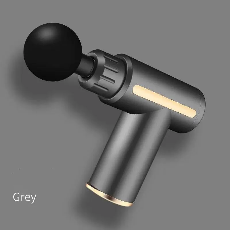 Compact mini massage gun in red, with USB port and control button, on white background